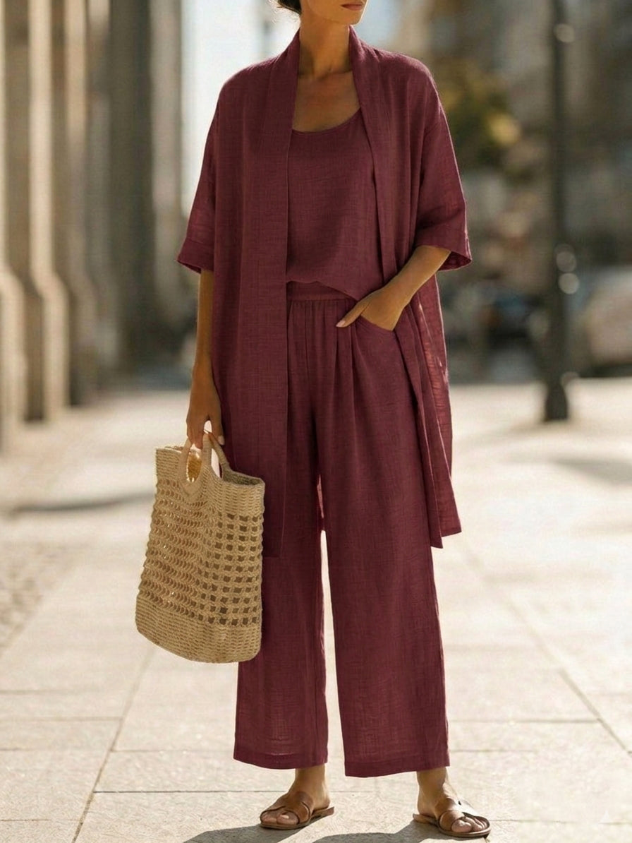Women's elegant set in wine red: relaxed kimono over wide-leg pants