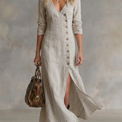 Beige button-front maxi dress with V-neck, 3/4 sleeves, and side slit