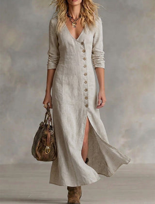 Beige button-front maxi dress with V-neck, 3/4 sleeves, and side slit
