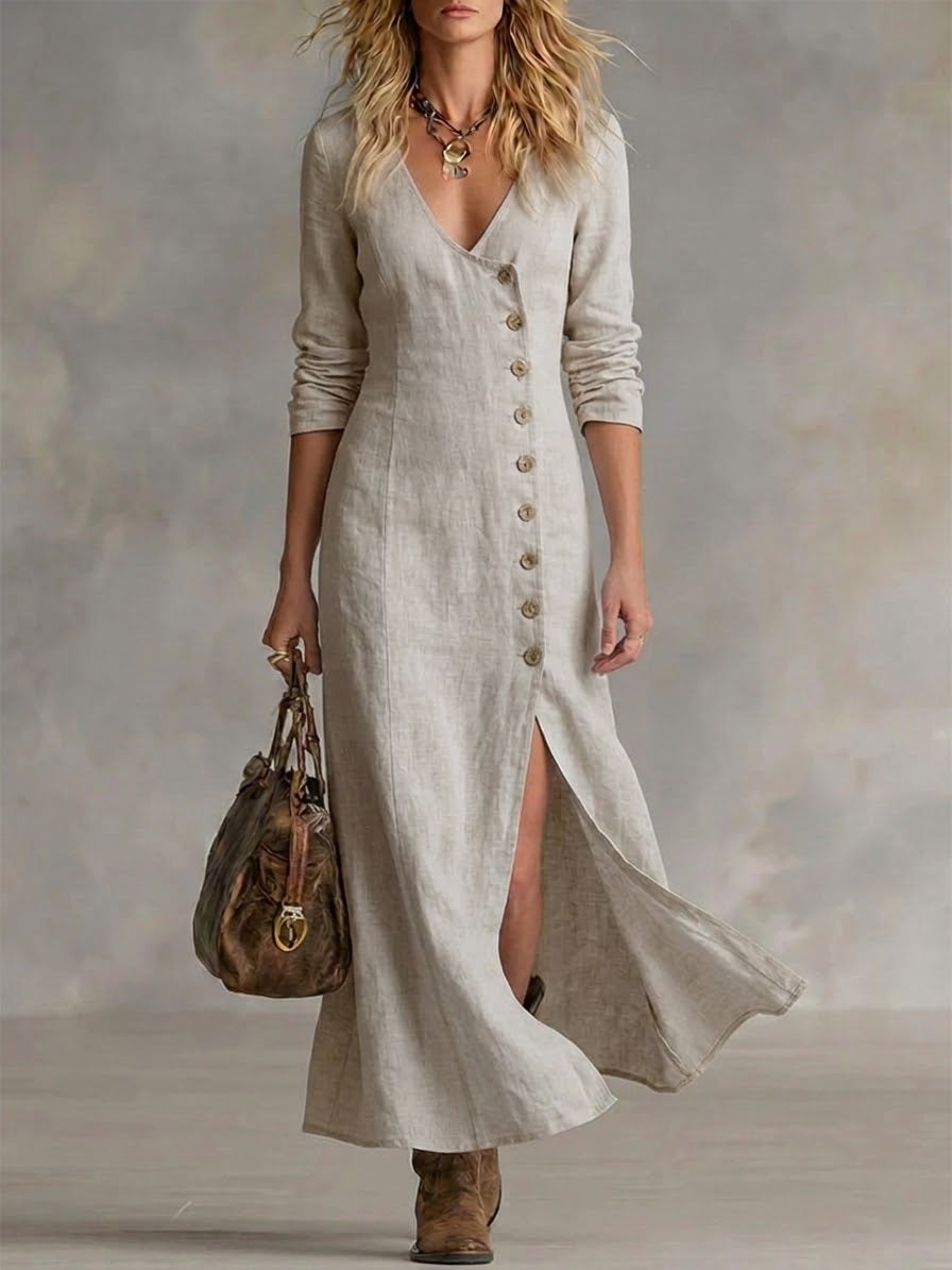 Beige button-front maxi dress with V-neck, 3/4 sleeves, and side slit