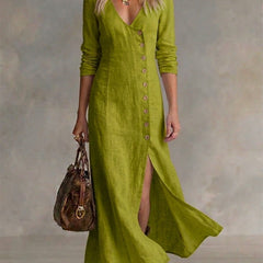 Green button-front maxi dress with V-neck, 3/4 sleeves, and side slit