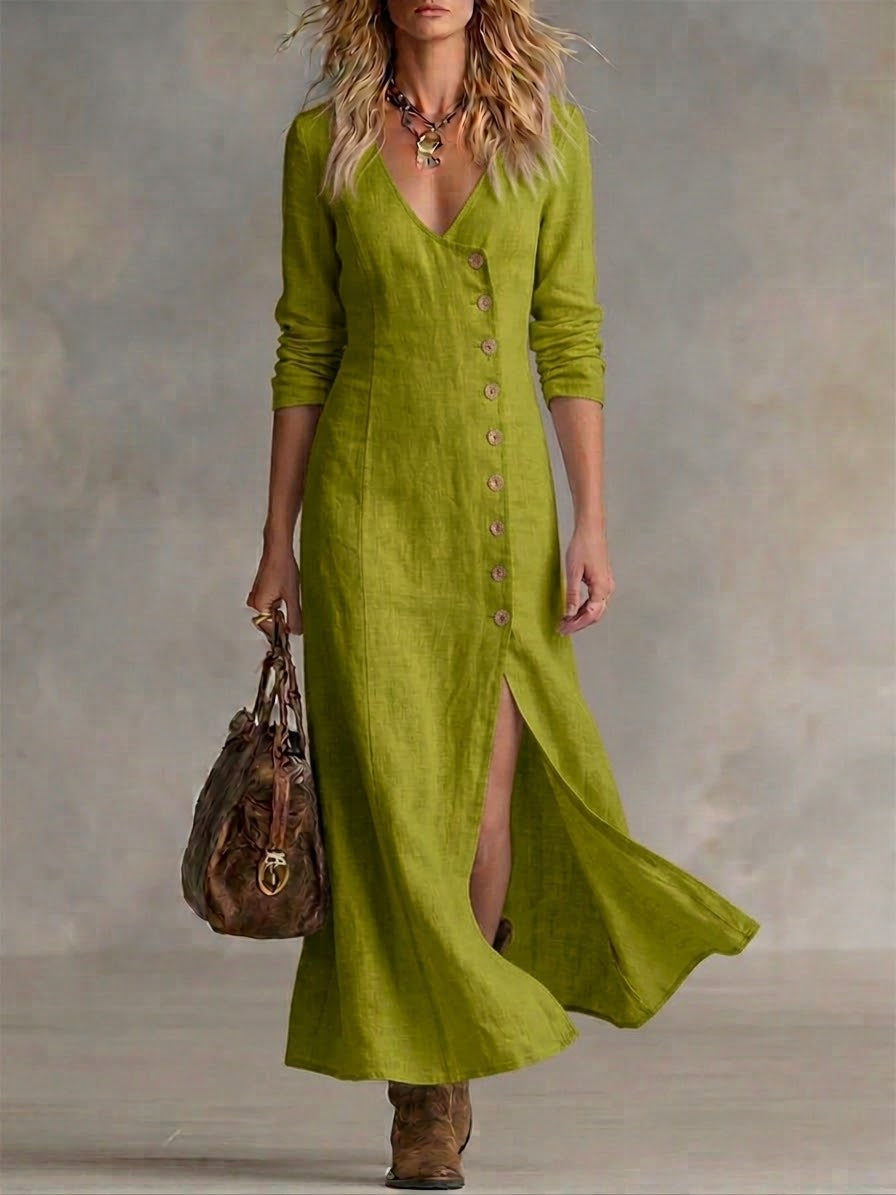 Green button-front maxi dress with V-neck, 3/4 sleeves, and side slit