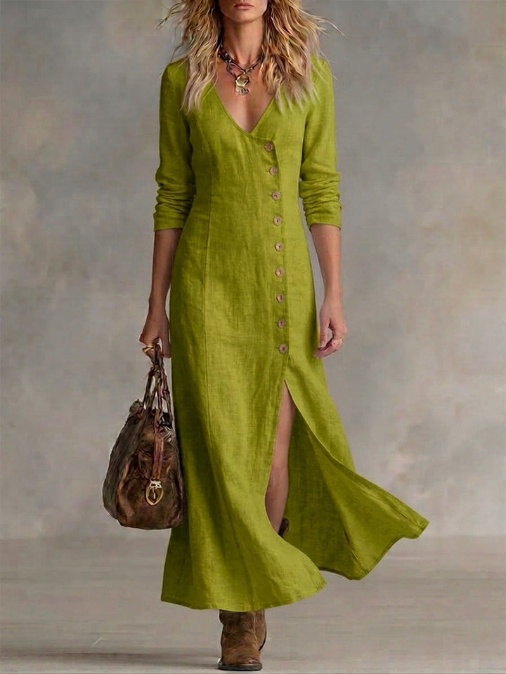 Green button-front maxi dress with V-neck, 3/4 sleeves, and side slit