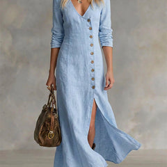 Light blue button-front maxi dress with V-neck, 3/4 sleeves, and side slit