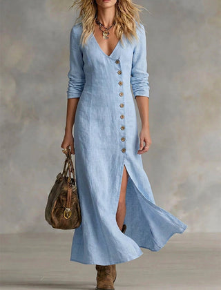 Light blue button-front maxi dress with V-neck, 3/4 sleeves, and side slit