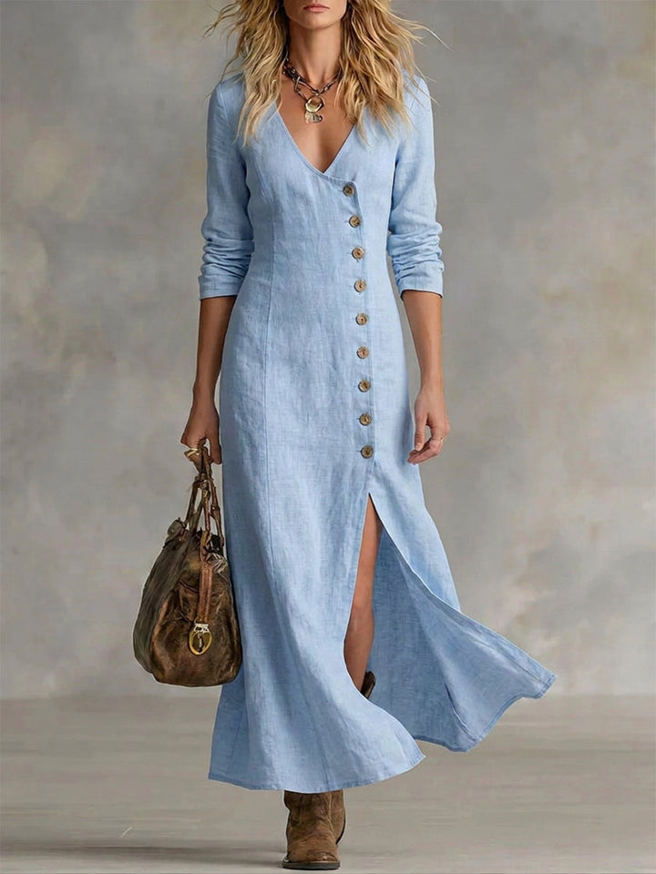 Light blue button-front maxi dress with V-neck, 3/4 sleeves, and side slit