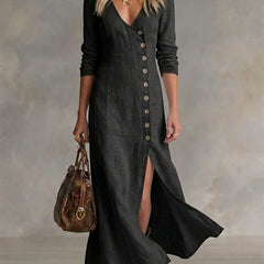 Black button-front maxi dress with V-neck, 3/4 sleeves, and side slit