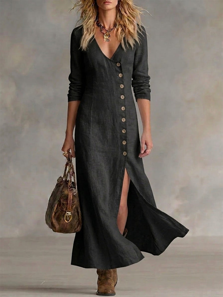 Black button-front maxi dress with V-neck, 3/4 sleeves, and side slit