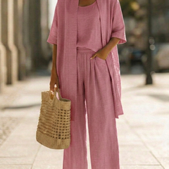 Women's elegant set in dusty pink: draped kimono with layered wide-leg pants