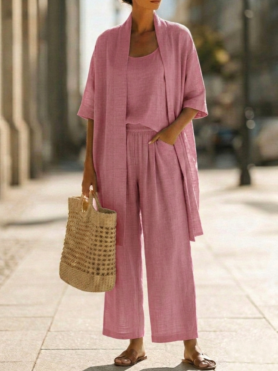 Women's elegant set in dusty pink: draped kimono with layered wide-leg pants