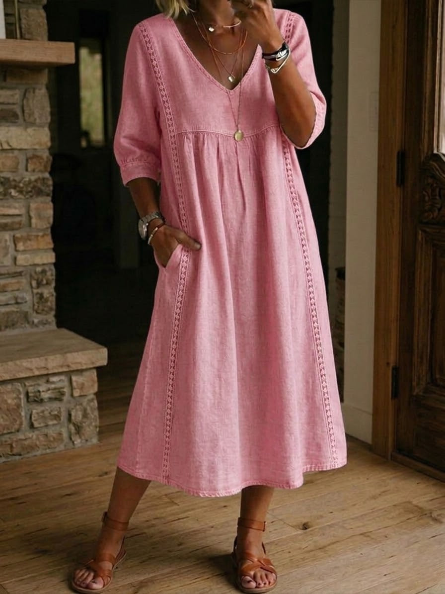 Blush pink V-neck maxi dress with 3/4 sleeves and gathered bodice