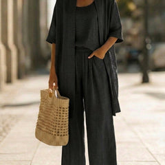 Black women's elegant set with open cardigan and relaxed wide-leg pants