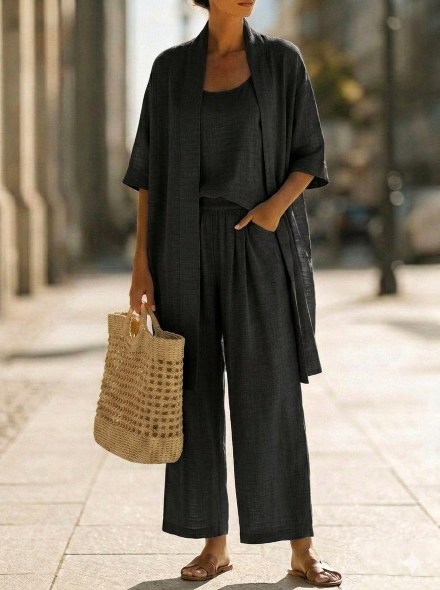 Black women's elegant set with open cardigan and relaxed wide-leg pants