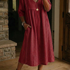 Burgundy V-neck maxi dress with 3/4 sleeves and gathered bodice