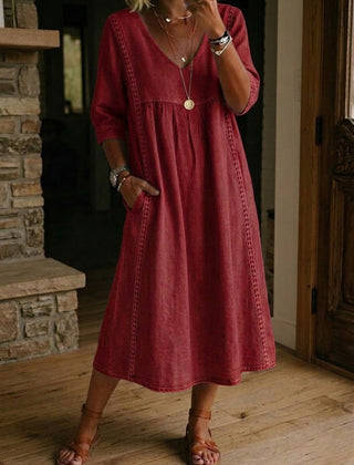 Burgundy V-neck maxi dress with 3/4 sleeves and gathered bodice