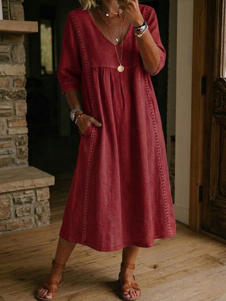 Burgundy V-neck maxi dress with 3/4 sleeves and gathered bodice