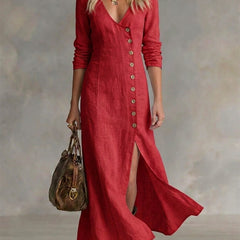 Red button-front maxi dress with V-neck, 3/4 sleeves, and side slit
