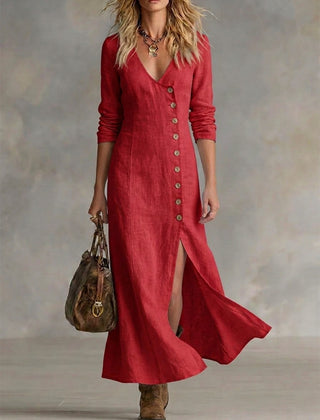 Red button-front maxi dress with V-neck, 3/4 sleeves, and side slit