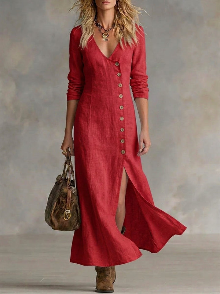 Red button-front maxi dress with V-neck, 3/4 sleeves, and side slit