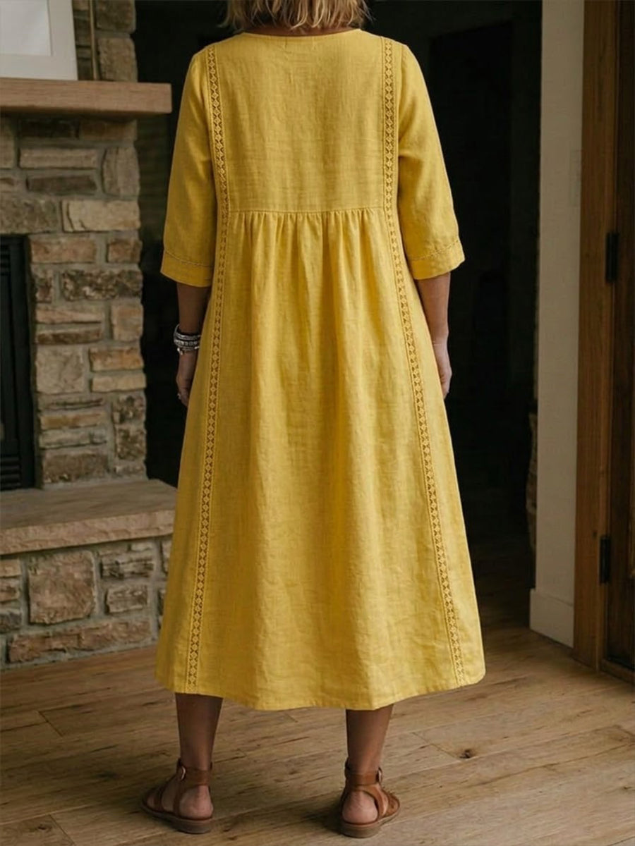 Yellow maxi dress back view with 3/4 sleeves and gathered skirt