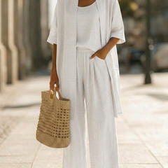 Lorrin™ elegant set in white: short-sleeve long outer over scoop-neck top and wide pants