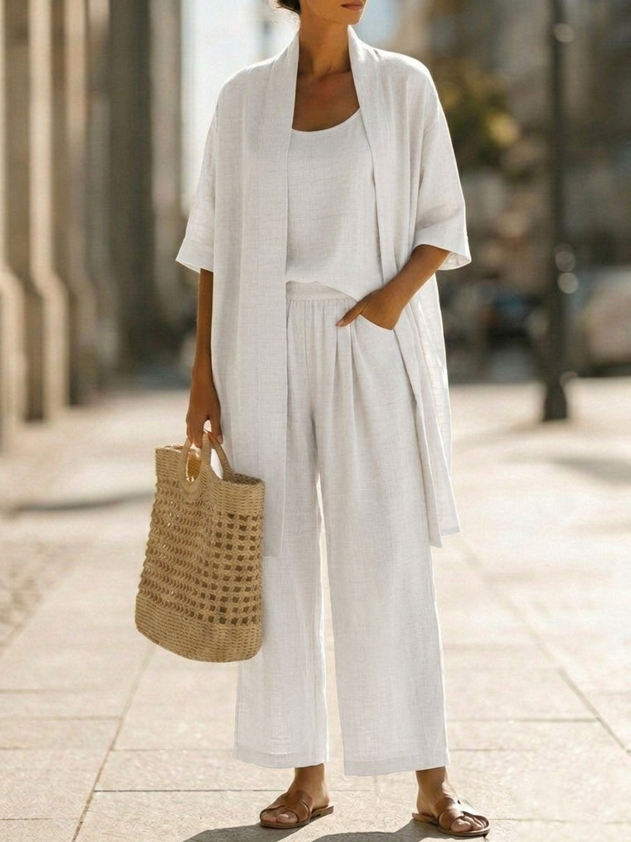 Lorrin™ elegant set in white: short-sleeve long outer over scoop-neck top and wide pants