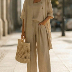 Beige women's elegant set with open cardigan and relaxed wide-leg pants