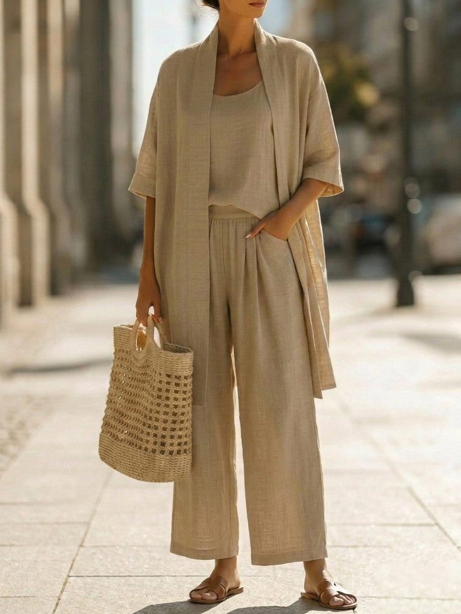 Beige women's elegant set with open cardigan and relaxed wide-leg pants