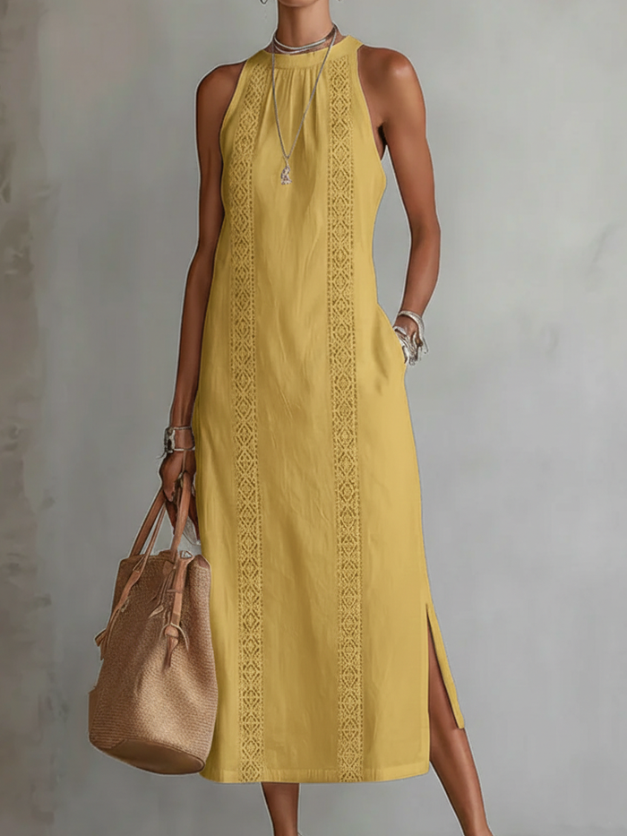 Yellow sleeveless high-neck midi dress with vertical embroidered lace panel and side slit