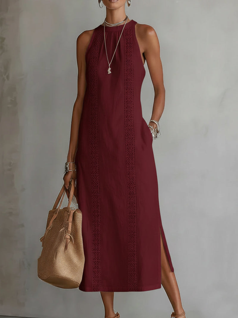 Burgundy sleeveless high-neck midi dress with vertical embroidered lace panel and side slit