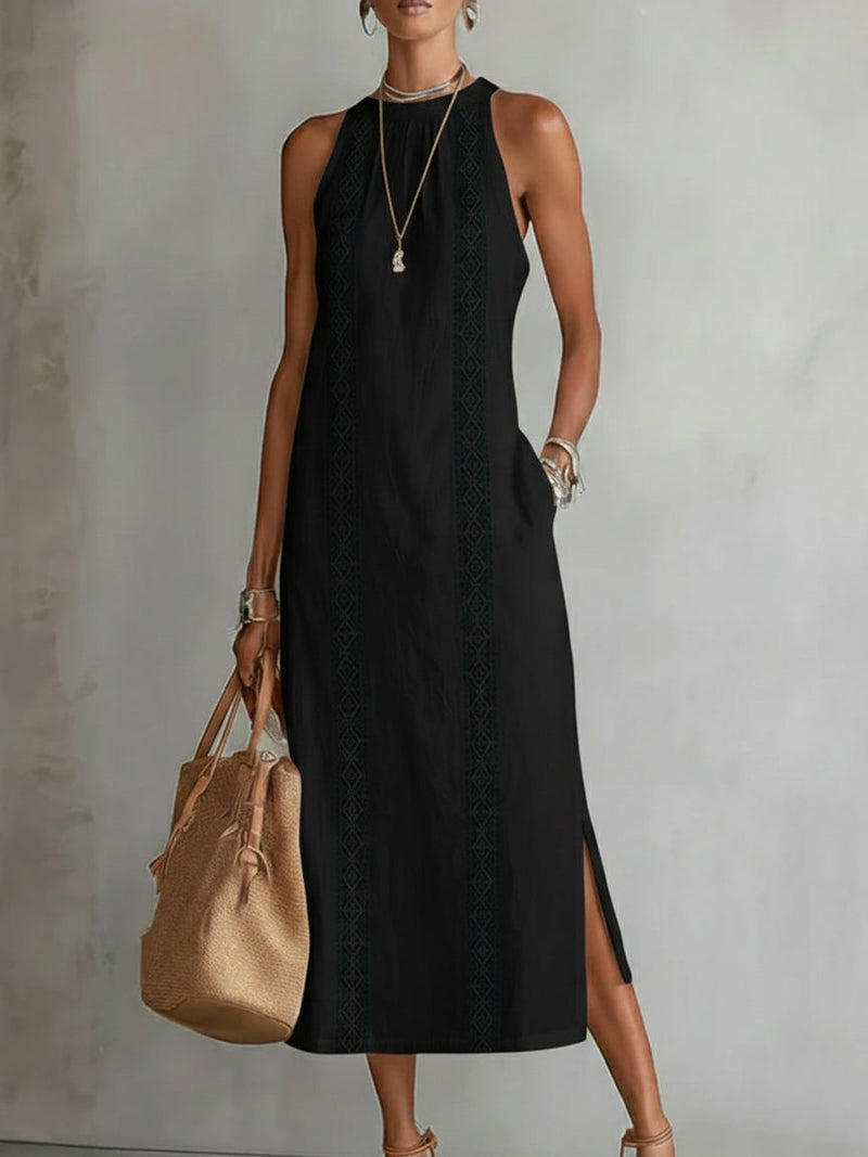 Black sleeveless high-neck midi dress with vertical embroidered lace panel and side slit