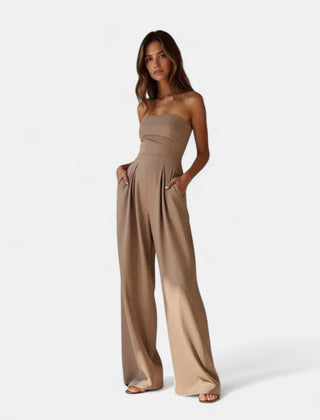 Beige strapless lightweight jumpsuit with wide legs and gathered bodice