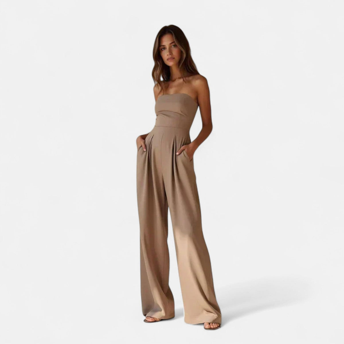 Beige strapless lightweight jumpsuit with wide legs and gathered bodice