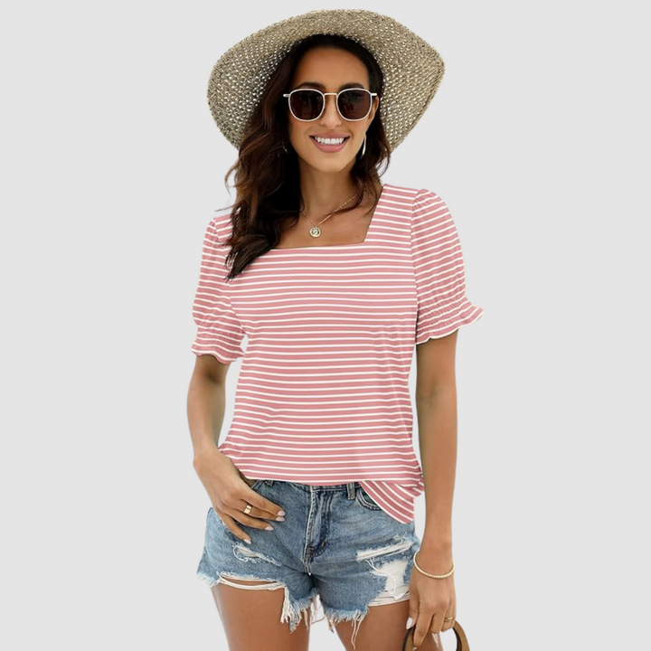 Célina™ square neck top with pink and white stripes and short flutter sleeves