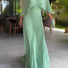 Seafoam ribbed V-neck maxi dress with gathered waist and 3/4 sleeves