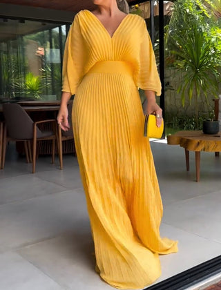 Golden yellow ribbed V-neck maxi dress with gathered waist and 3/4 sleeves