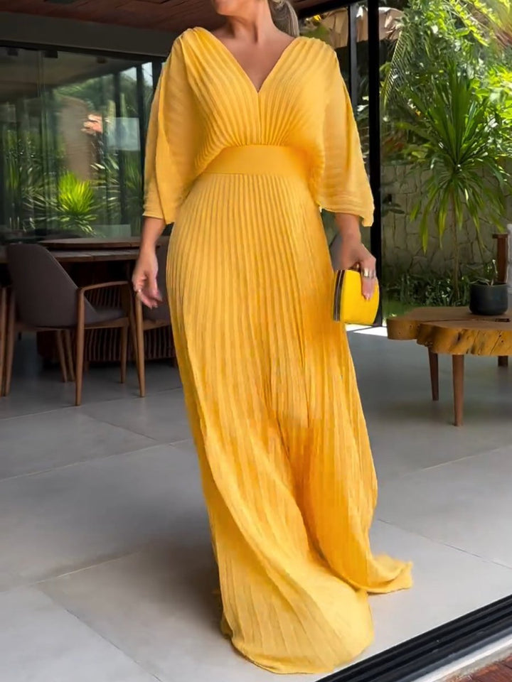 Golden yellow ribbed V-neck maxi dress with gathered waist and 3/4 sleeves