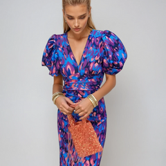 Purple-blue abstract midi dress with V-neck, puff sleeves, and gathered waist