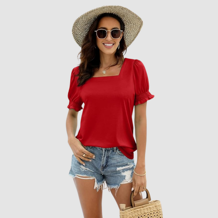 Square-neck top with puff sleeves in red