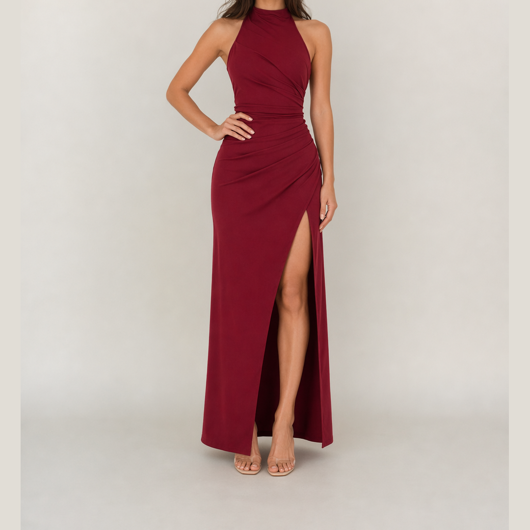 Claret halter maxi dress with gathered bodice and high front slit