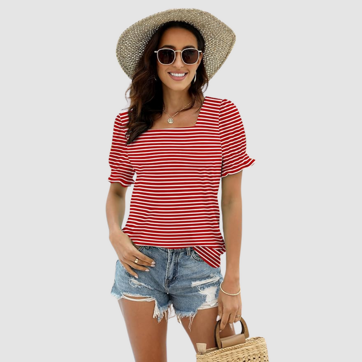 Red and white striped square-neck blouse with short puff sleeves.