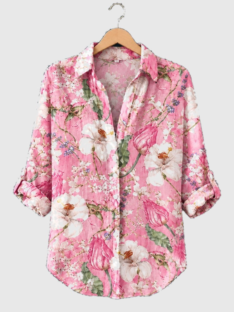 Pink floral tulip garden button-up shirt with long sleeves and open collar