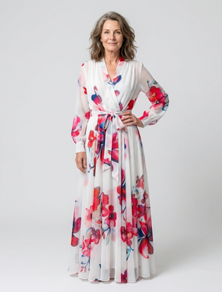 Floral long-sleeve wrap maxi dress in white with red, pink, and blue blooms; tie waist