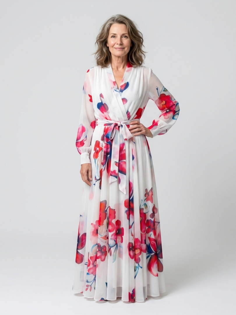 Floral long-sleeve wrap maxi dress in white with red, pink, and blue blooms; tie waist