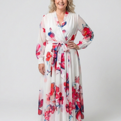 Floral long-sleeve wrap maxi dress in white with red and blue floral print; belt tie