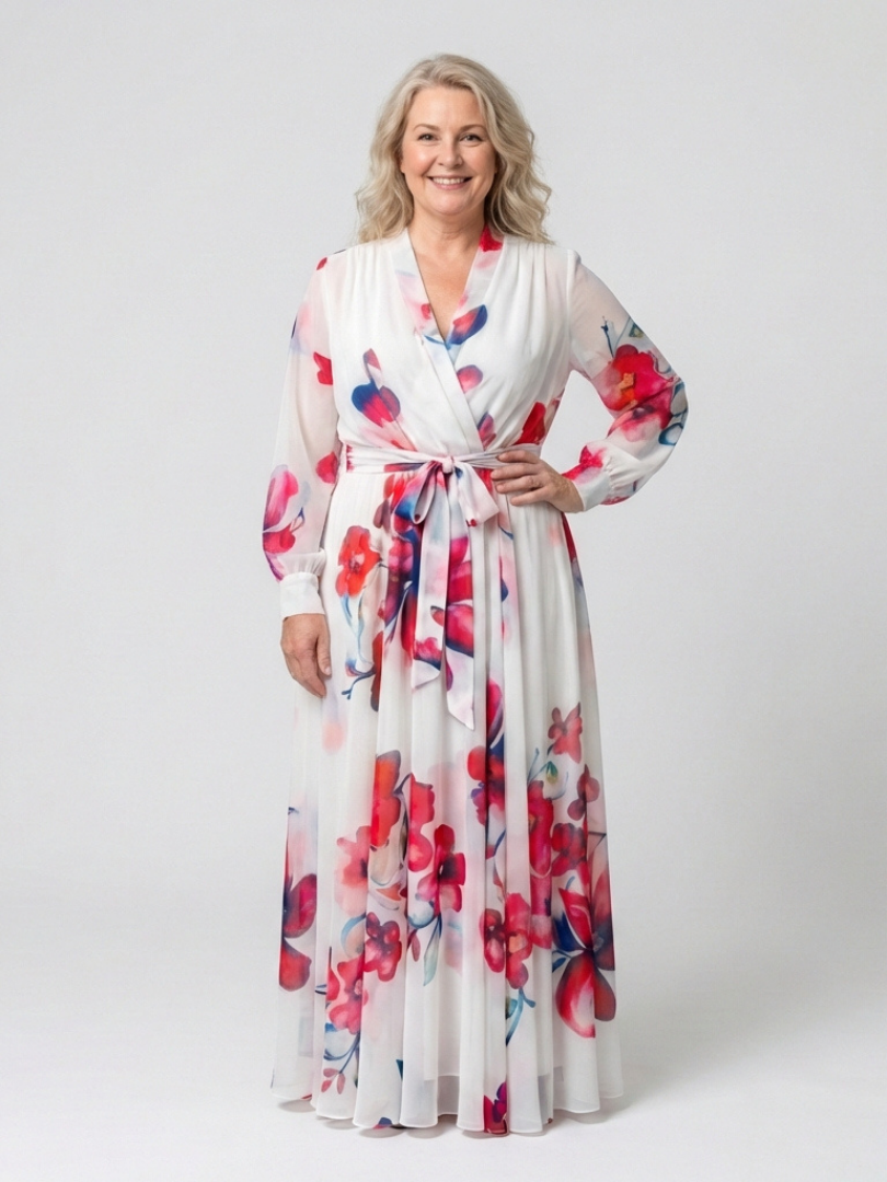 Floral long-sleeve wrap maxi dress in white with red and blue floral print; belt tie