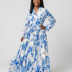 Floral long-sleeve wrap maxi dress in white with blue blooms; ruched tie waist
