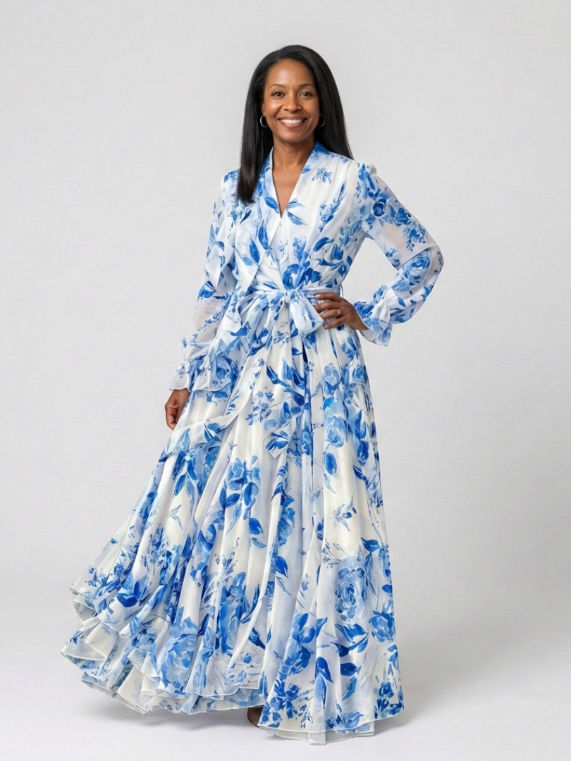 Floral long-sleeve wrap maxi dress in white with blue blooms; ruched tie waist