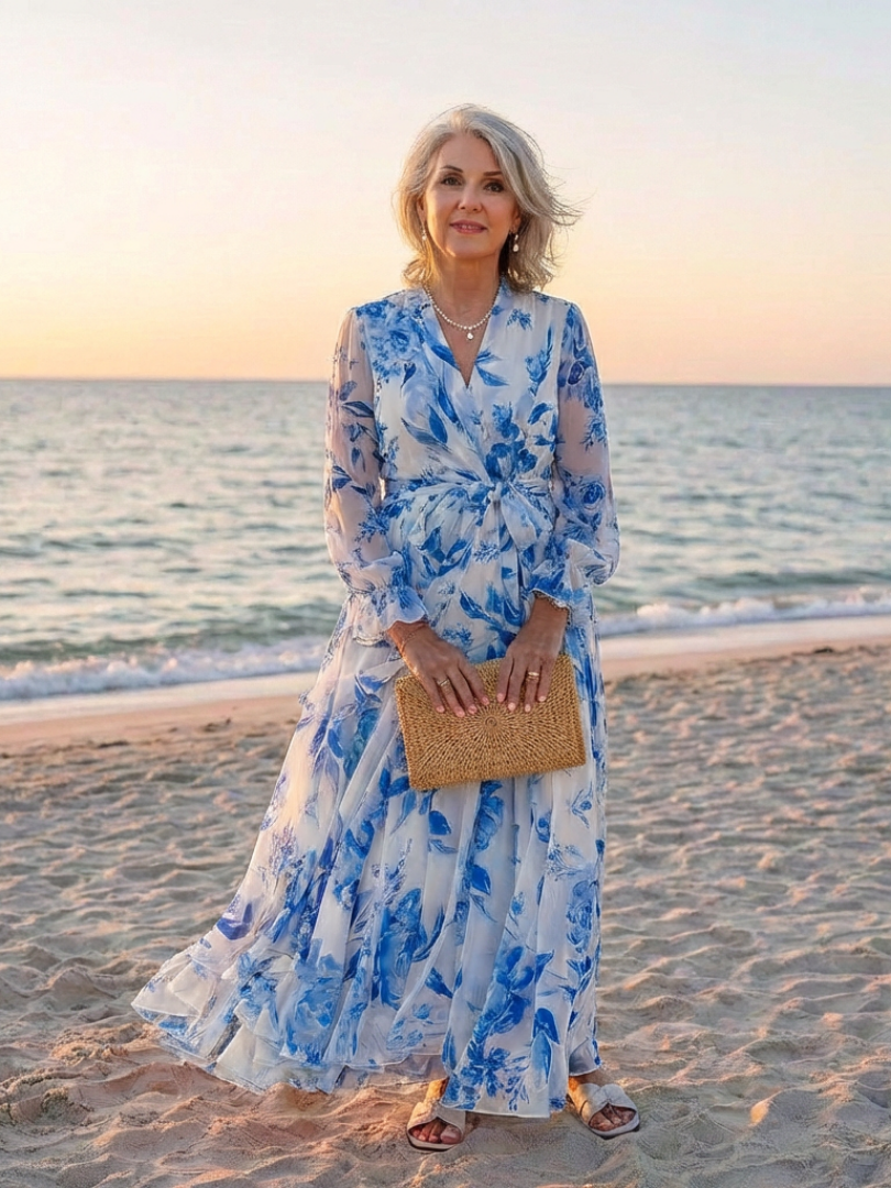 Floral long-sleeve wrap maxi dress in white with blue blooms; tied waist and tiered skirt