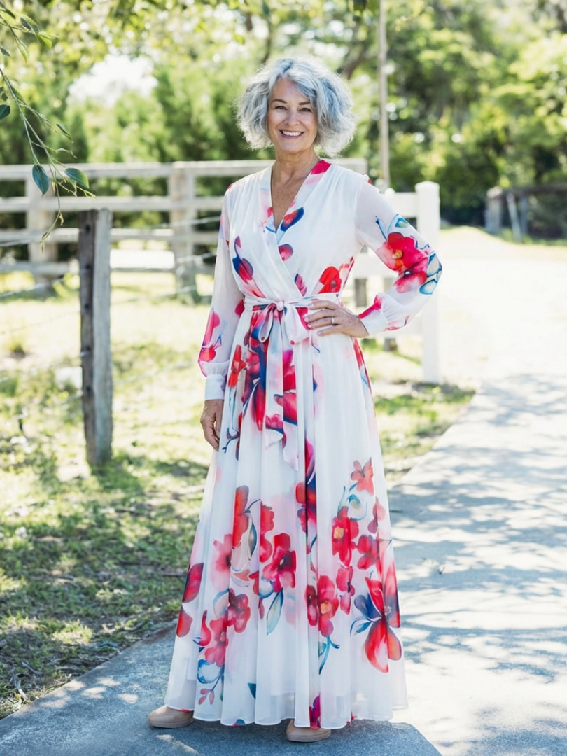 Floral long-sleeve wrap maxi dress in white with red and pink blooms; tied waist